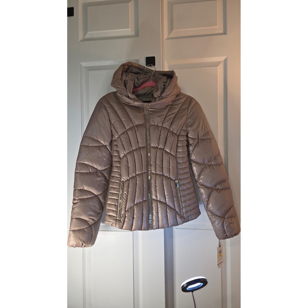 Kensie Women Champagne Taupe Contoured Puffer Jacket Hidden Hood Medium